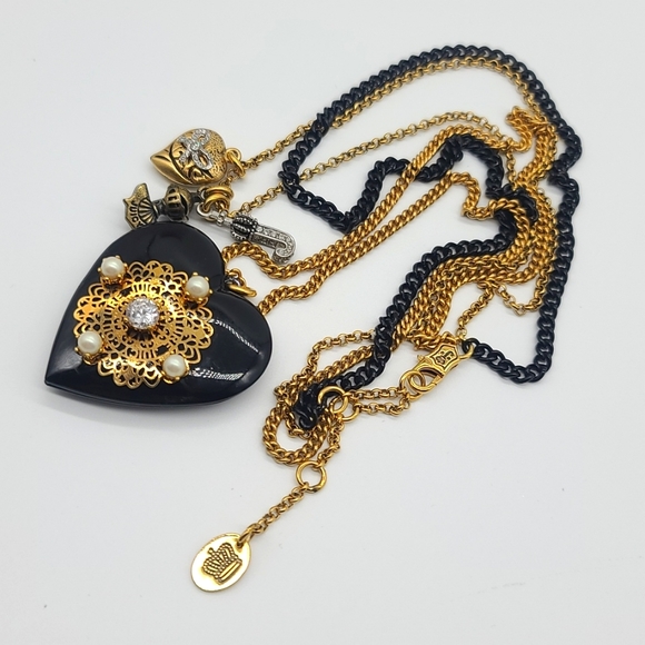 JUICY COUTURE Victorian Blk Heart ๐ค Pend w/ Gold Filigree, Pearls, Rhinestones! - Picture 12 of 14